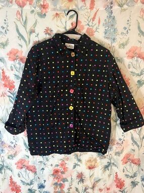 Vintage Black Polka Dot Button-Up Jacket with Multicolor Dots